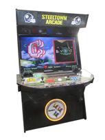 1130 4-player, yellow buttons, blue buttons, red buttons, white buttons, lighted, white trackball, black trim, steeltown arcade, steelers